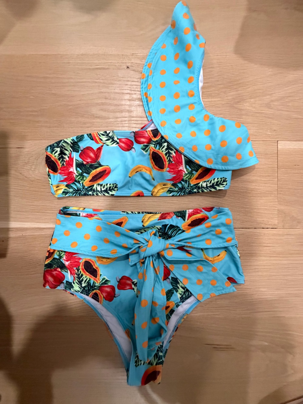 Tropical One-Shoulder High-Waisted Bikini Set Size M Vibrant Fruit Print